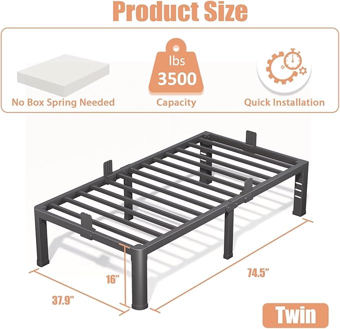 14 Inch Twin Bed Frame with Rounded Corner and Headboard Hole Mattress Retainers 3500 lbs Heavy Duty Support Metal Platform Bed Frame Noise Free No Box Spring Needed Easy Assembly