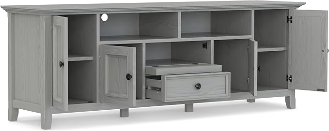 SIMPLIHOME Amherst 72-inch Wide Solid Wood TV Stand in Fog Grey, Transitional-Style Media Console for Living Room with Cable Management and Adjustable Shelves, Fits 80" TVs
