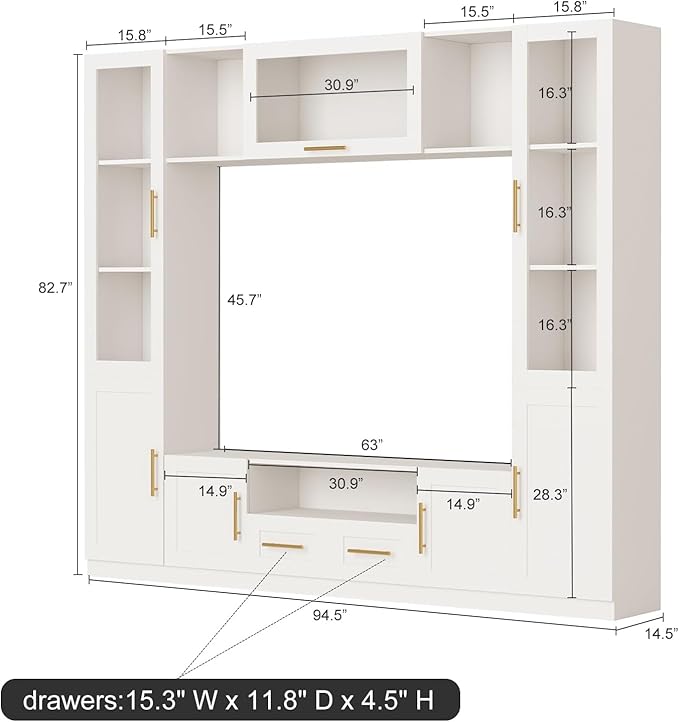 Entertainment Wall Unit, 4-Piece Large TV Stand Wall Unit Entertainment Center with Bookshelves & Storage, Wall Media Center with Shelves for TVs Up to 70", Media Console for Living Room, White.