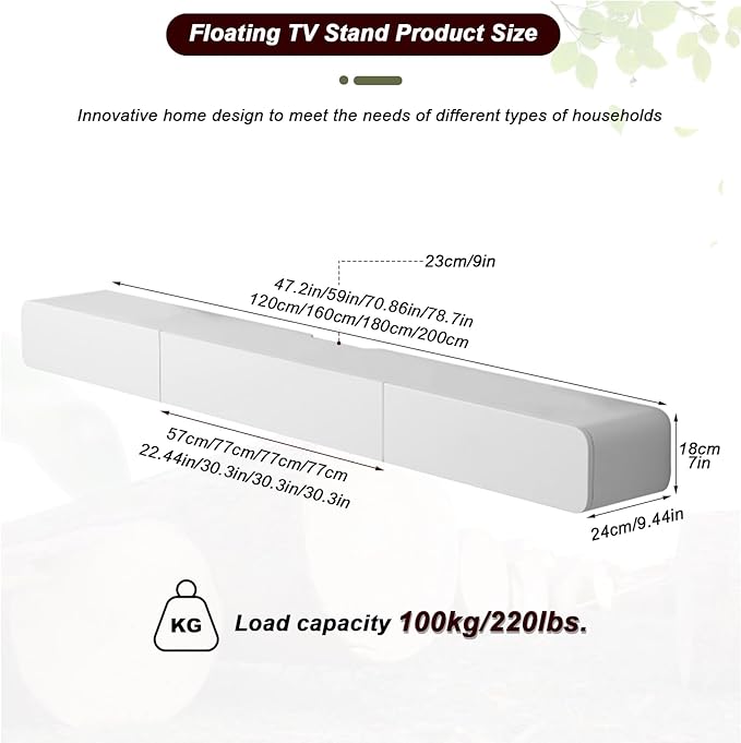 FPIGSHS Wall Mounted Media Console with 2 Drawers Solid Wood Floating TV Stand Hanging TV Shelf Entertainment Center TV Cabinet, for Home Office (B, 160CM/63IN)