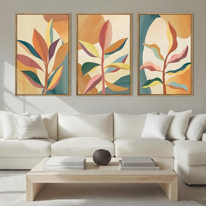 BINCUE Large Wood Tropical Palm Leaf Wall Art Set Boho Framed Wall Decor Nature Abstract Art Landscape Artwork for Living Room Bedroom Office 16x24 Inches