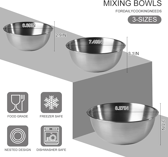 Stainless Steel Mixing Bowls, Three nested Large Mixing Bowls Stainless Steel with scale Perfect for Your Kitchen Needs Like Cooking,Baking, and Making Salads