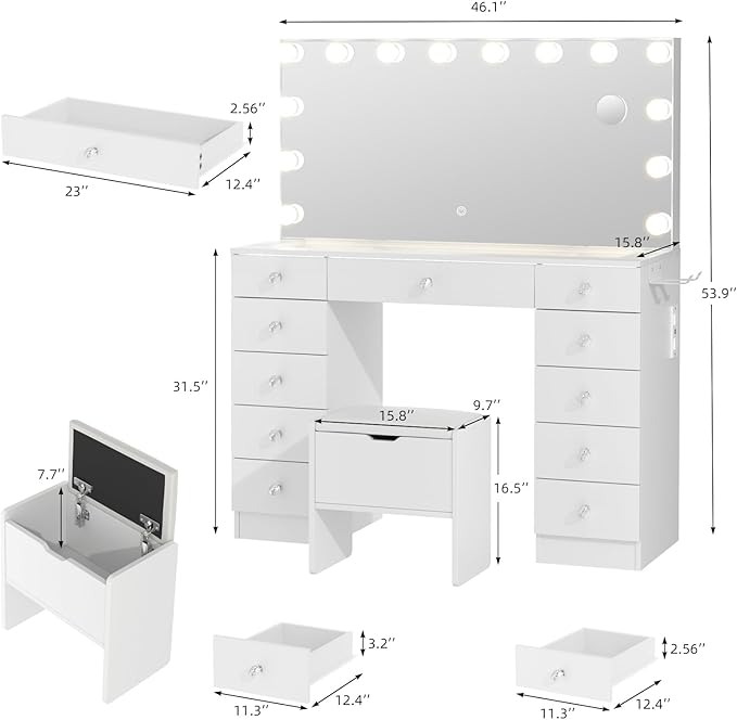 VOWNER Vanity with Lighted Mirror - Glass Top Makeup Vanity Desk with Lights and 11 Drawers, 3 Color Lighting Modes Adjustable Brightness, 46" Makeup Desk with Soft Cushioned Stool for Bedroom, White