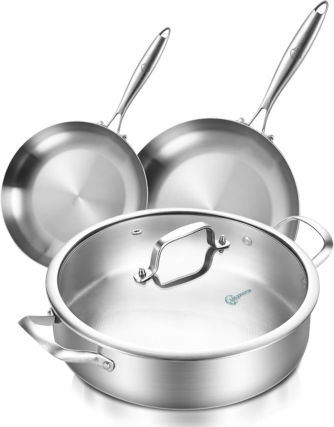LOLYKITCH 12 Inch Tri-ply Stainless Steel 5.5 QT Sauté Pan and 8-10 Inch Frying Pan Set of 3,Induction Cookware,Dishwasher and Oven Safe.