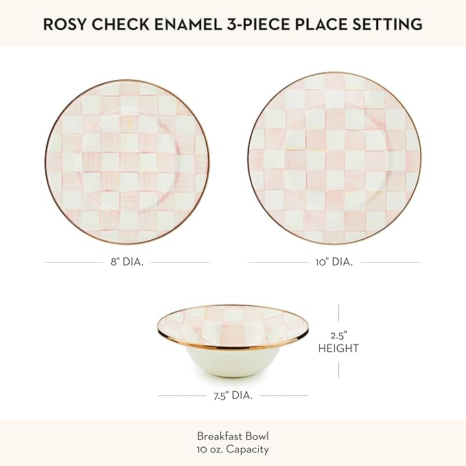 MACKENZIE-CHILDS Enamel Dinner 3-Piece Set, 10-Inch Round Serving Plate, 8-Salad/Dessert Plate, Breakfast Bowl, Rosy Check