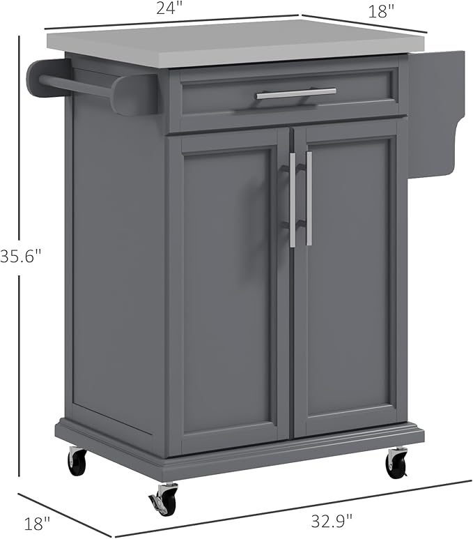 HOMCOM Kitchen Island on Wheels, Rolling Kitchen Cart with Stainless Steel Countertop, Drawer, Towel Rack and Spice Rack, Utility Storage Trolley, Gray