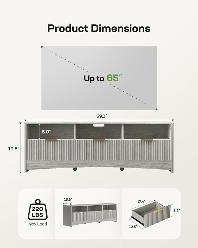 Marsail 59″ Wide TV Stand for TVs Up to 65″, Modern Entertainment Center with Fluted Panels, 3 Easy-Sliding Drawers, Open Shelves & Cable Hole, Sturdy 3-Tier TV Stands for Living Room & Bedroom, Grey