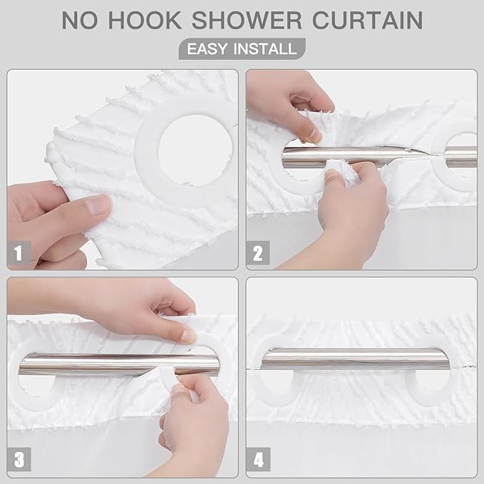 No Hook Extra Long Shower Curtain Set with Snap-in Liner, 86 inch XL Boho White Fabric Shower Curtains for Modern Bathroom Decor, Hotel Style Shower Curtain with See Through Top Window