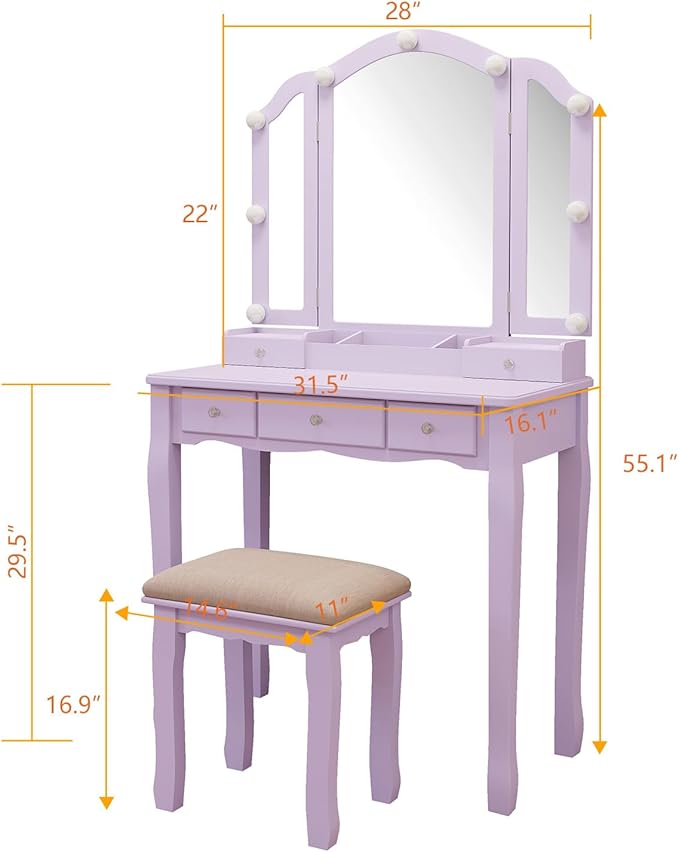 Purple Vanity Desk with Mirror and Lights Purple Vanity for Girls Makeup Vanity Desk with Lights Vanity Table with Lighted Mirror Make Up Vanity Desk with Drawers and Chair Set