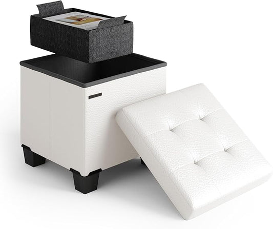 STORAGEBUD Storage Ottoman Cube with Small Bin, 16-in Square Ottoman with Storage for Living Room and Bedroom, Small Ottomans Foot Rest, Faux Leather Foot Stools Ottomans Max 330lbs, Cream