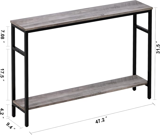 Narrow Console Table, 47 Inch Sofa Table with Adjustable Shelf, 2-Tier Long Skinny Table for Hallway, Entryway, Living Room, Foyer, Grey