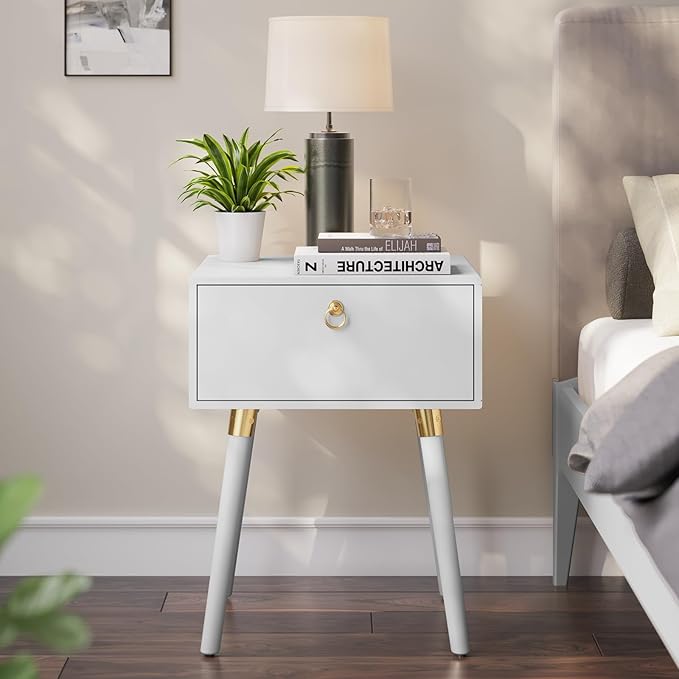 Bme Alden Wood Nightstand, Solid Wood End Table, Mid Century Modern Nightstand, Side Table with 1 Drawer, Compact for Bedroom, Living Room & Study Room, Easy Assembly, Ivory White