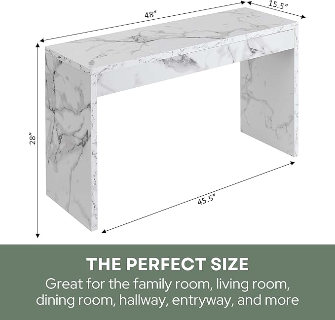 Convenience Concepts Northfield Hall Console Table 48" - Modern, Minimalist Narrow Sofa Display Accent for Contemporary Living Room, Entryway, or Hallway, White Faux Marble