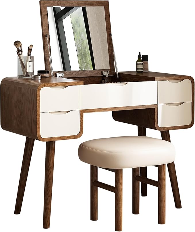 Lartis Flip Top Vanity Table Stylish Makeup Vanity with Stool, Makeup Vanity Desk, Reversible Makeup Mirror, Hidden Storage Compartment,Very Easy to Assemble,Can be Used as a Desk