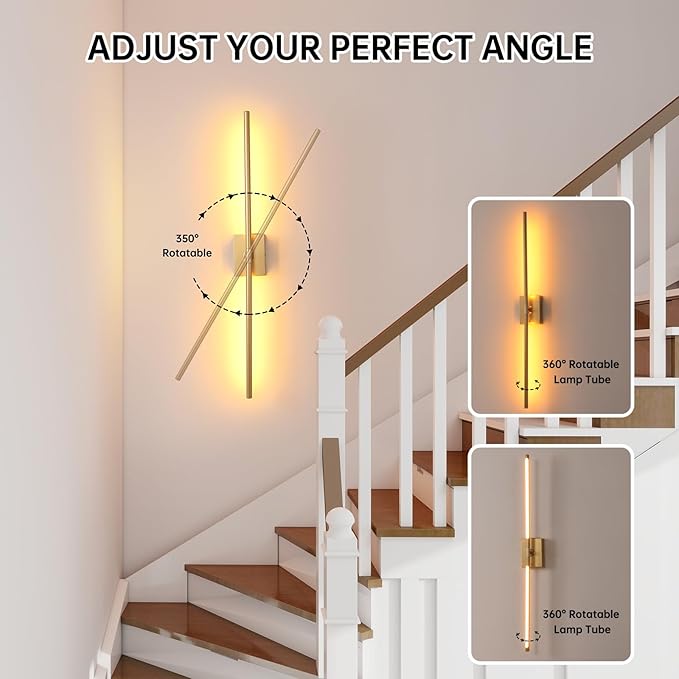 Battery Operated Wall Sconce Set of 2, 5000mAh Rechargeable Wall Sconces with Detachable Battery, Indoor 350°Rotate Wall Lights for Bedroom Living Room, Gold, 31.5 Inch