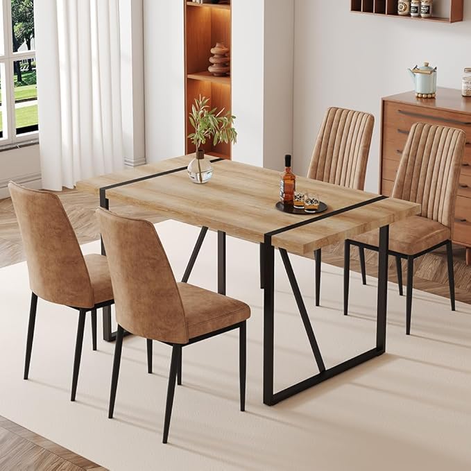 Dining Table Chairs Set for 4, Modern Rectangular Dining Room Table Set PU Leather Upholstered Dining Chairs 55" Dinner Table Set for Kitchen, Dining Room (Dining Table Set for 4, Brown)