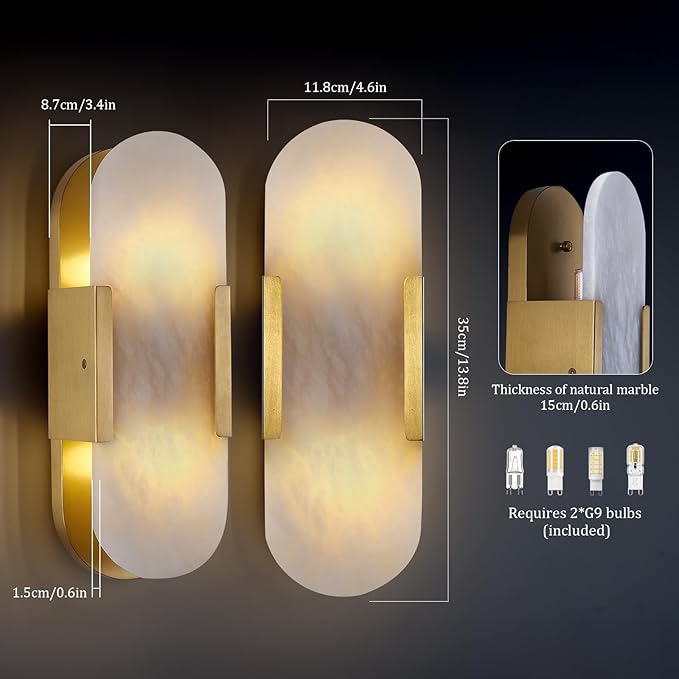 13.8 inch Brass Alabaster Sconces, Indoor Marble Sconces Wall Lighting, Alabaster Sconces for Living Room Modern Alabaster Sconces Wall Lighting for Dining Room Stairs Bedroom