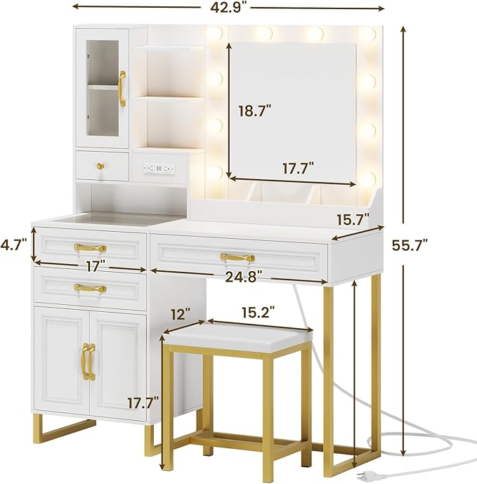 Vanity Desk with Mirror & Lights, Upholstered Stool & Power Outlet, Makeup Vanity Set with Glass Top Drawers, Shelves & Cabinets, Modern White & Gold