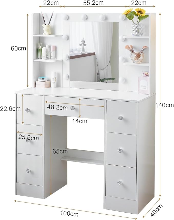 White Vanity Desk with Mirror and Lights, 3 Colors LED Lighted Hollywood Makeup Vanity Mirror with 10 Lights, Large Vanity Dressing Table with 7 Drawers, Crystal Knobs