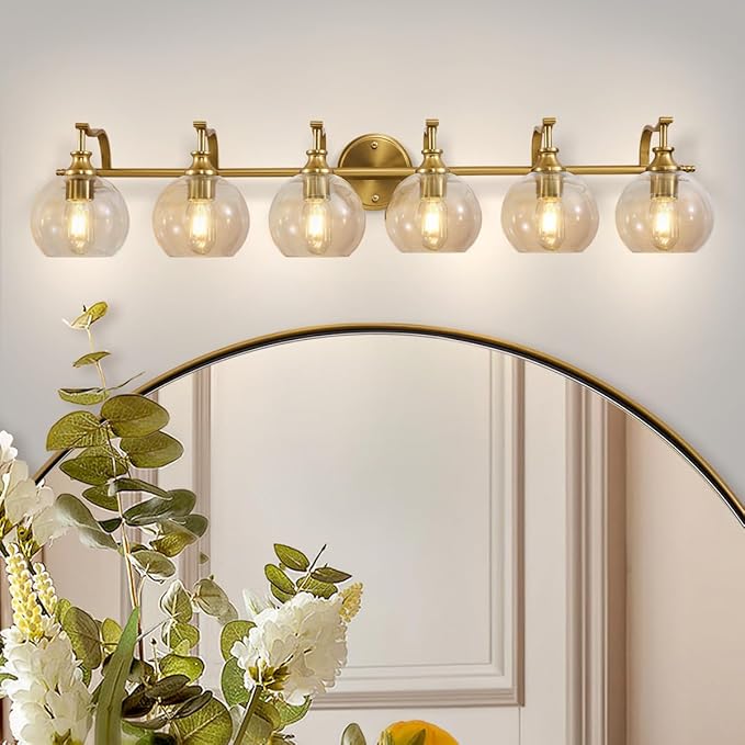 ANDY STAR 6-Light Brass Vanity Light, Large Gold Bathroom Light Fixtures, Modern Vanity Lights with Clear Globe Glass Shades, Anti-Rust Bathroom Lighting with Curved Arm for Mirror