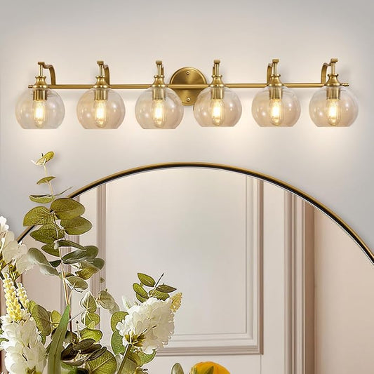 ANDY STAR 6-Light Brass Vanity Light, Large Gold Bathroom Light Fixtures, Modern Vanity Lights with Clear Globe Glass Shades, Anti-Rust Bathroom Lighting with Curved Arm for Mirror