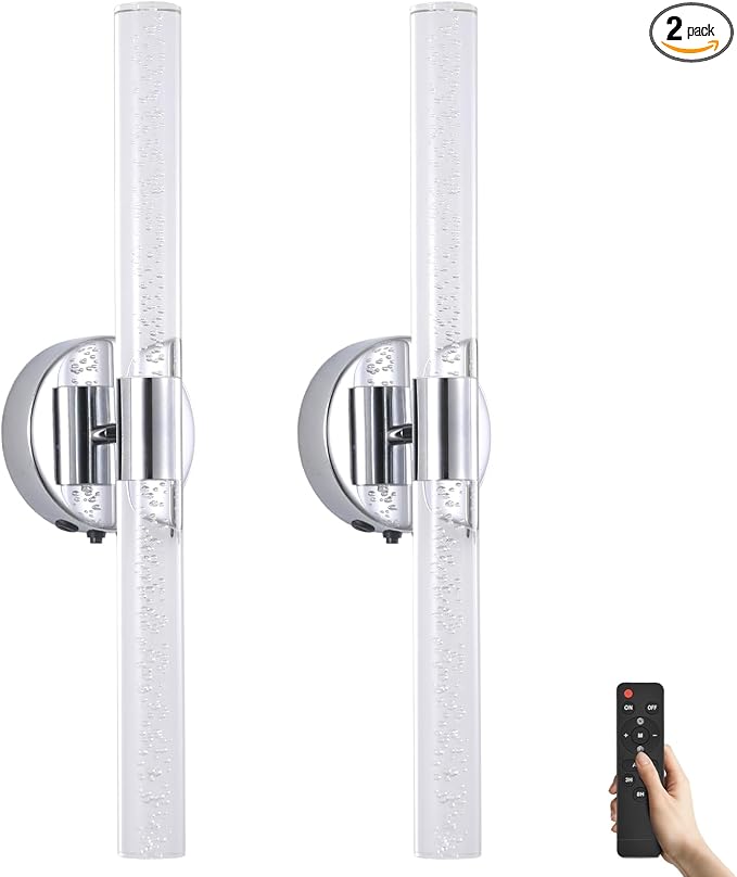 Silver Wall Light LED Battery Operated Wall Sconces(2 Pack), 20-Inch Dimmable Crystal Wall Sconce, Rechargeable Chrome Bubble Wall Lights, Wireless Wall Lamp for Bedroom, Living Room