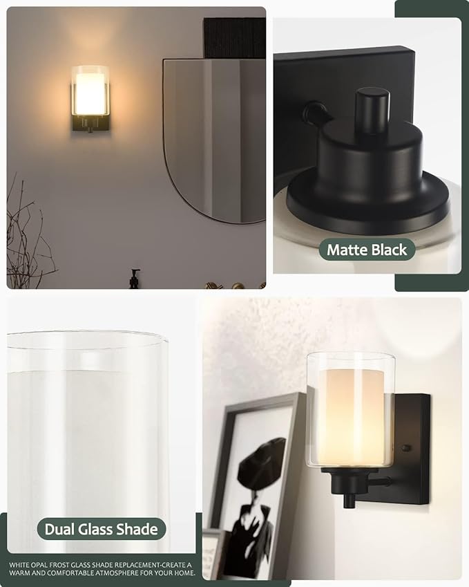3 Pack Bath Vanity Light Fixtures 1-Light, Indoor Black Wall Light with Dual Glass Shade, Farmhouse Bathroom Wall Scone
