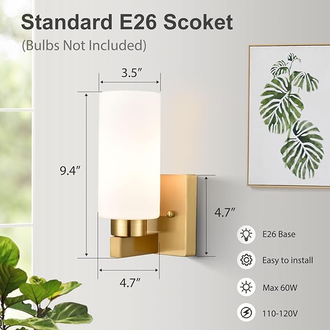 Modern Wall Light Fixtures Brass Bathroom Vanity Light with Milky White Cylinder Glass Shade Set of 2