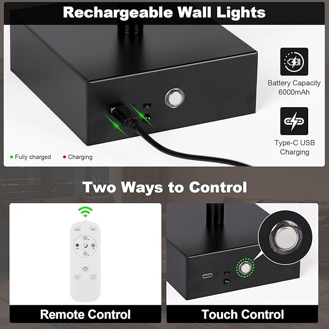 Battery Operated Wall Sconce Set of Two with Remote Control, 3000K-6000K Dimmable Black Wall Lights, Timable LED Wireless Wall Sconces, 350° Ratate for Bathroom, Living Room, Hallway 29.1 Inch