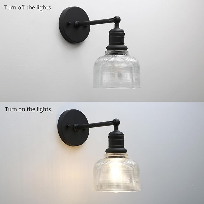 Yosoan Boho Indoor Vintage Wall Sconce with Striped Bowl Shade, 1-Light Modern Vanity Industrial Single Wall Mounted Hardwired Texture Glass Shade for Living Room Bedroom Fireplace Hallway(Black)