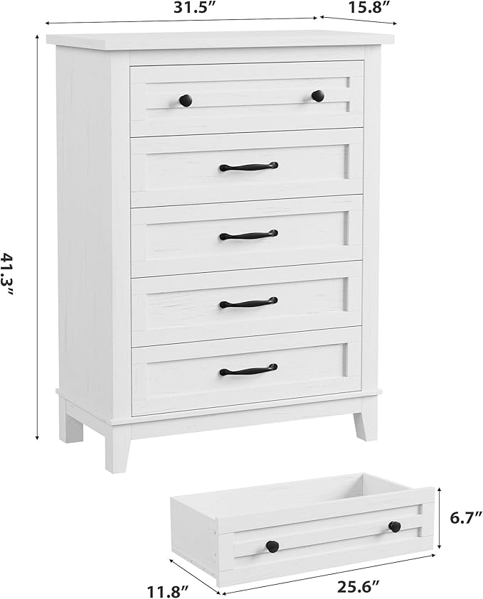 GarveeHome 5 Dresser for Bedroom, 41.3" Tall Vertical Drawer Dresser with Large Storage, Freestanding Wooden Closet Chest for Bedroom, Living Room, White