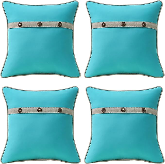 Outdoor Sunbrella Decorative Pillows with Triple Coconut Buttons Pack of 4, 16" x 16" Outdoor Pillow Set for Couch Bed Throw Patio Sofa, Canvas Aruba/Cast Ash