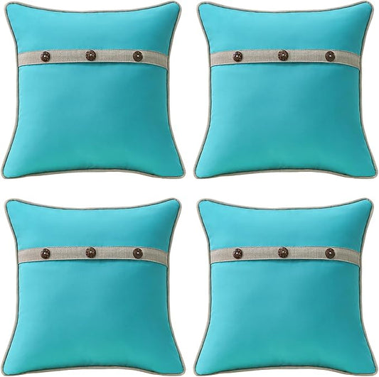Outdoor Sunbrella Decorative Pillows with Triple Coconut Buttons Pack of 4, 16" x 16" Outdoor Pillow Set for Couch Bed Throw Patio Sofa, Canvas Aruba/Cast Ash