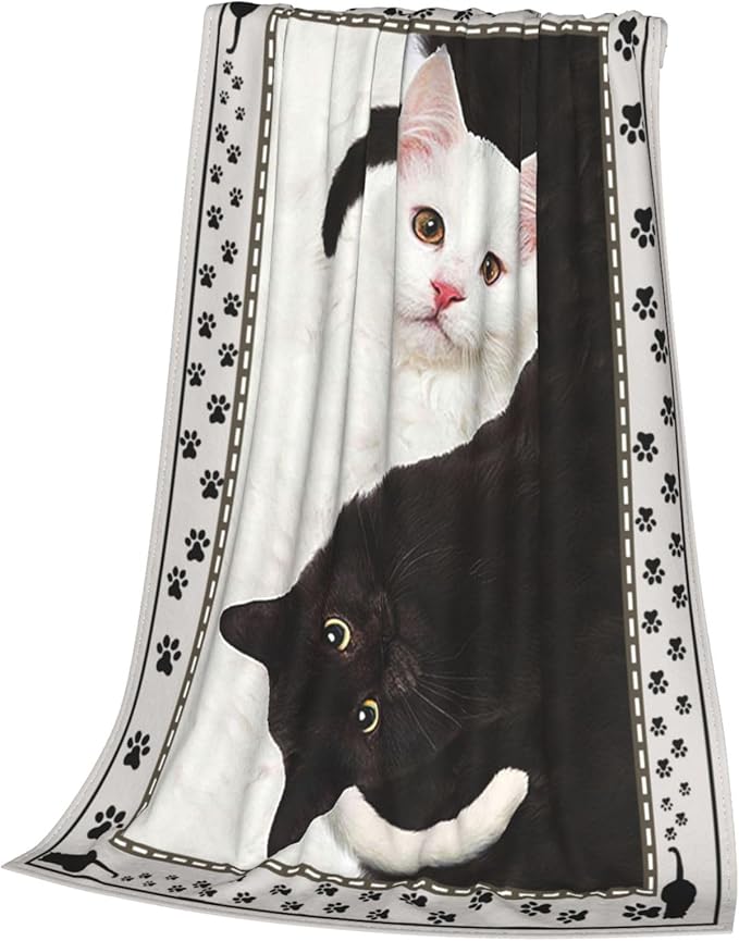 Cat Blanket Black and White Throw Blanket Soft Fleece Flannel Bedding Cats Gifts for Men Boys Women Girls Lovers Adults Stuff Plush for Couch Sofa Bed Room Decor 60"X80"