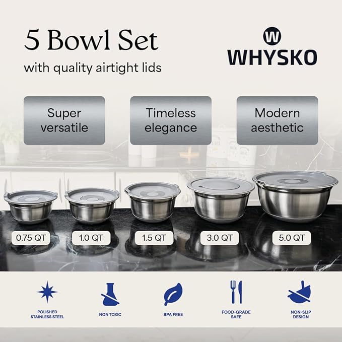 WHYSKO Stainless Steel Mixing Bowls with Lids Set - 5 Rustproof Metal Nesting Mixing Bowls for Kitchen, Meal Prep, Baking, Cooking, Storage - Includes 3 Grater Attachments, Dishwasher Safe