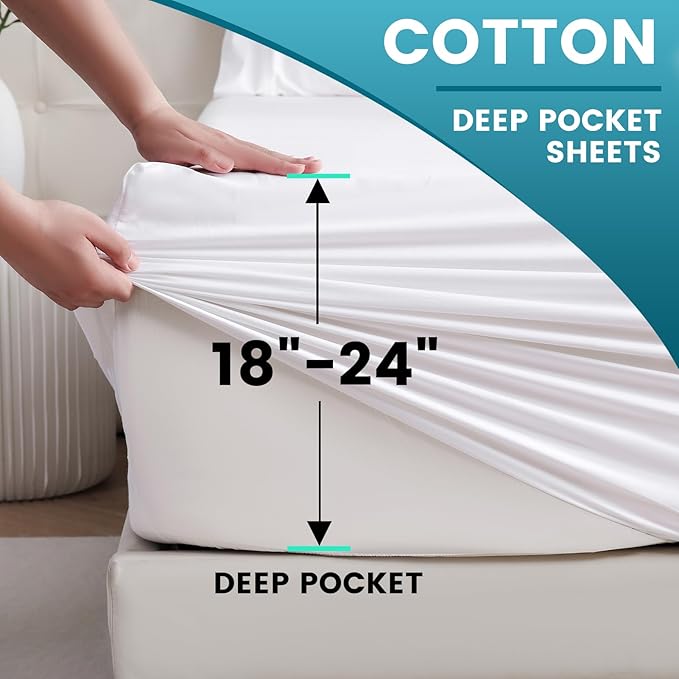 Bedlifes Queen Sheet Set, Extra Deep Pocket 18-24 Inches,1000Thread Count 100% Egyptian Cotton, Soft and Breathable Sateen 4-Piece, White