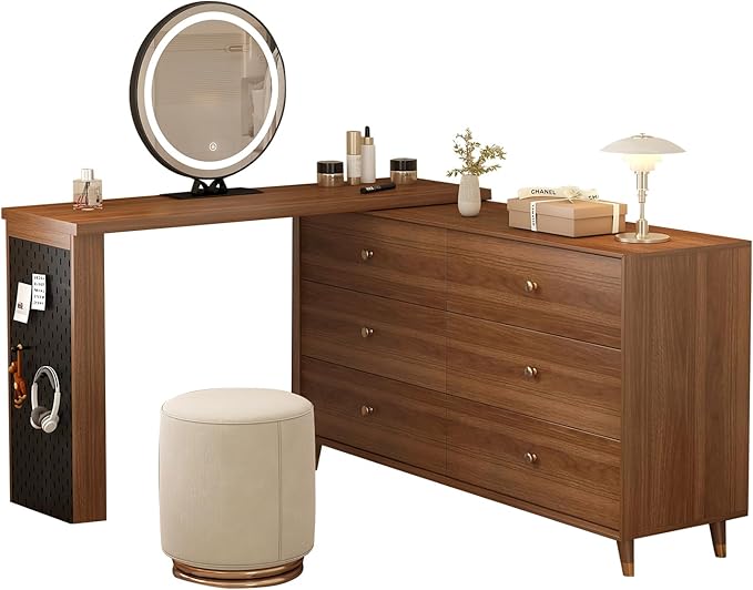 Makeup Vanity Desk with Full Aluminum HD Lighted Mirror, 50-90in Extendable Mid-Century Modern Vanity Table, 6-Drawer Solid Wood Frame Chest, Dressing Table for Bedroom (Stool, 6-drawer-55)