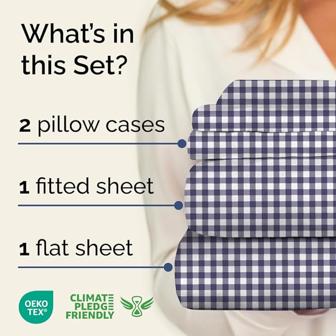 Blue Checkered Sheet Set - 1 Flat & 1 Fitted Sheet & 2 Pillowcases w/ Deep Pockets - Grid, Plaid, Gingham Pattern Bed Set - Comfy, Wrinkle & Fade Resistant - Soft, Breathable and Cooling - King Size