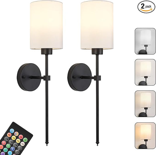 Battery Operated Wall Sconces Set of Two,Wireless Rechargeable Wall Light With Remote Control, Dimmable, 1800K/3000K/4000K/6000K/RGB, Timer, for Living Room, Bedroom, Fireplace, TV, 23.6 Inch Black