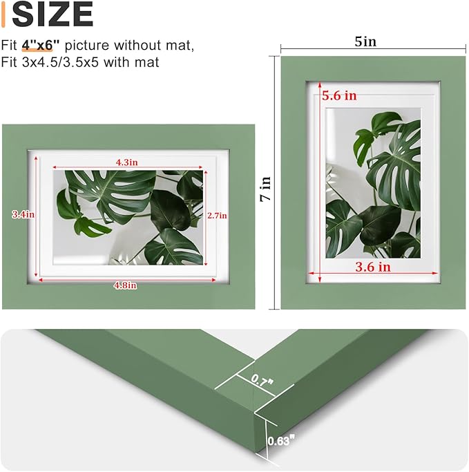 Egofine 4x6 Picture Frame Made of Solid Wood with Plexiglass, Display Pictures 3.5x5 with Mat or 4x6 Without Mat for Tabletop and Wall Mounting, Green