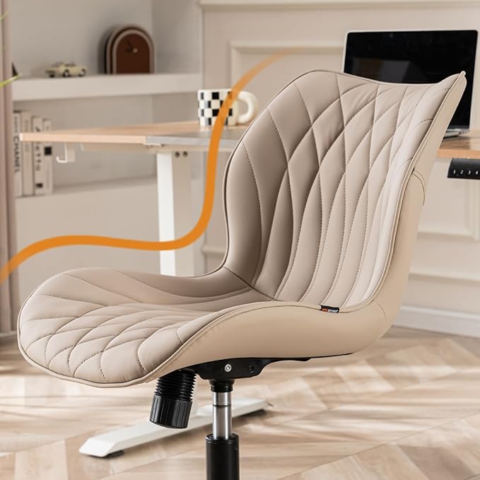 YOUNUOKE Armless Desk Chair Comfy Office Chair with Wheels Home Ergonomic Task Chair Adjustable Computer Chairs Modern Faux Leather Swivel Chair Upholstered Makeup Vanity Chair with Back(Khaki)