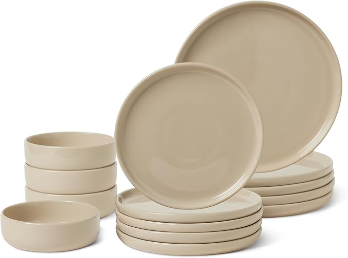 Amazon Basics Glazed Stoneware Dinnerware, Ceramic 12-Piece Set, 4 Full Place Settings, Dishwasher-Safe, Linen Gray