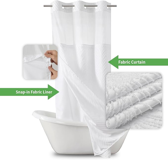 stall no Hook Tufted Shower Curtain with snap in Liner Set, White Waterproof Fabric Inner Liner,Boho Style Shower Curtain with See Through top Window, White, 36Wx74H