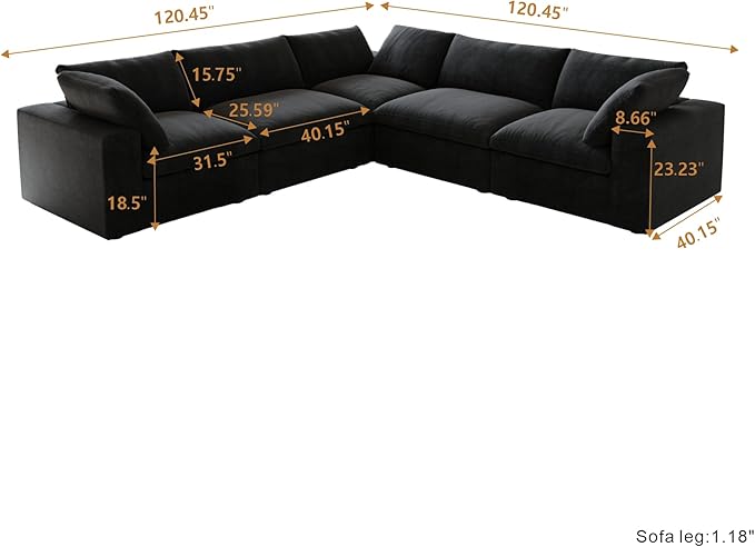 JACH Modern Seational Couch for Living Room, 5-Seats Modular Convertible Sofa, V-Shaped Cloud Couches, Couch Cushion Covers Removable, Comfy Sofas for Living Room Apartment (Black)