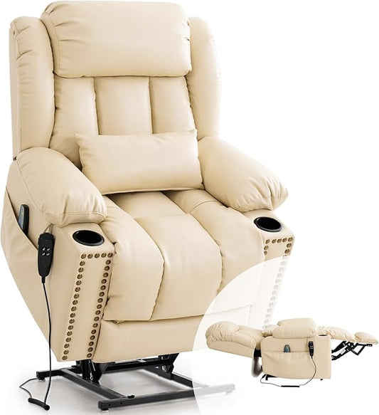 PARKOL Large Genuine Infinite Position Leather Power Lay Flat Lift Studded Recliner Chairs for Elderly, Dual Motor with Massage and Heating,Extended Footrest, USB&Type-C Port Remote,Cup Holder, Beige