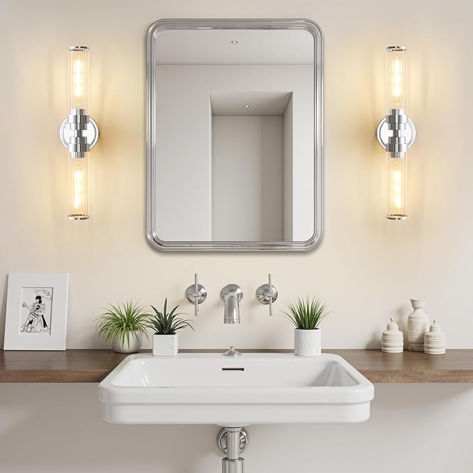 Bathroom Light Fixtures, Chrome Wall Sconce in Threaded Glass Indoor Vanity Lights, Modern Bathroom Vanity Light Up and Down Sconces Wall Lighting for Bathroom, Living Room - Bulb Not Included