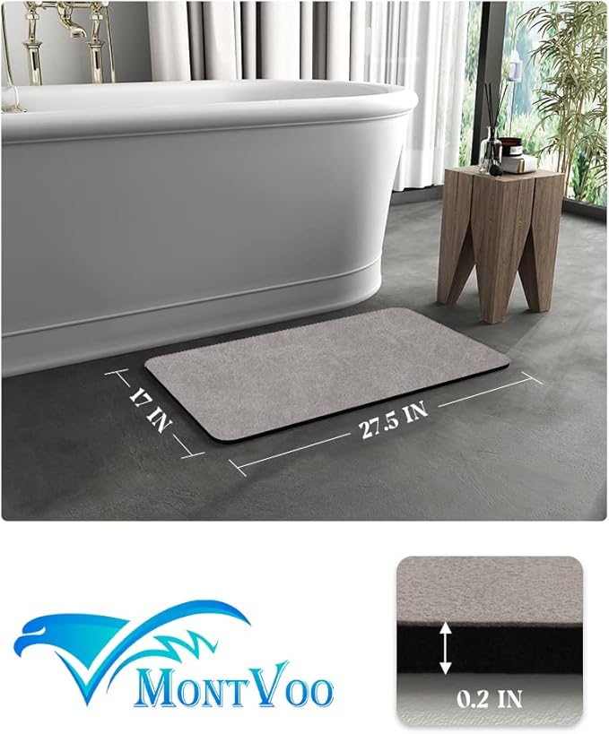 MontVoo -Bath Mat Rug-Rubber Backing Non Slip Quick Dry Absorbent Thin Bathroom Rugs Fit Under Door-Faux Suede Surface Bathroom Floor Mats-Shower Rug for in Front of Bathtub Shower Gray 17"x27.5"