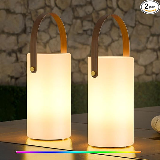 uuffoo 2-Pack Solar Table Lamp Outdoor Lantern 2 in 1 Charging Portable LED Cordless Lights with Remote 8 Colors, Water-Resistant IP44 for Patio Terrace Camping Garden Balcony