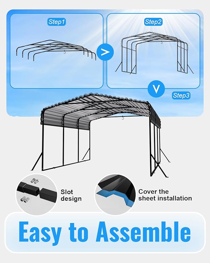 10x15FT Metal Carport, Heavy Duty Carport with Reinforced Frame & Side Support Poles for All-Weather, Outdoor Car Port Suitable for Parking Pickup, Boat, Car, and Tractor