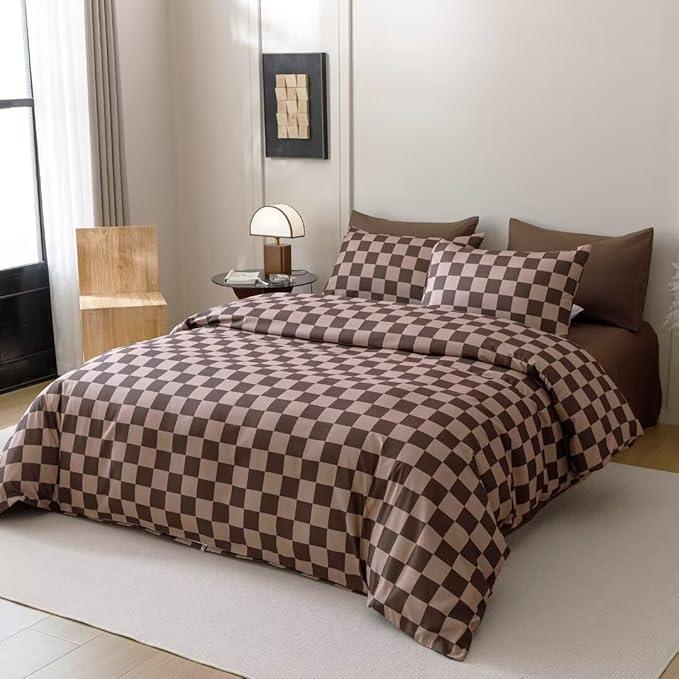 CLOTHKNOW Brown Plaid Comforter Sets Twin/Twin XL 3Pcs Grid Bedding Comforter Sets Dark Brown Checker Comforter Checkered Bedding Sets